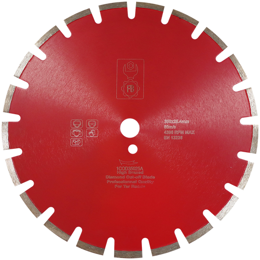 DIAMOND BLD 350MM SEGMENTED ASPHALT FB - 25MM BORE - WET/DRY CUT - TAR ROADS